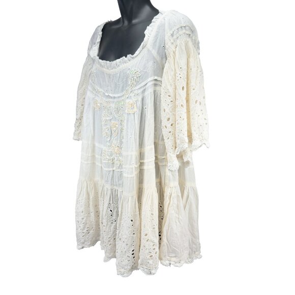 ANTICA SARTORIA Beach Babydoll Eyelet Laceβ Puffed Sleeves Beaded White Mini OS - Picture 3 of 10
